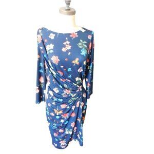 Tahari Size 10 Stretchy Floral Print Navy Classic Dress